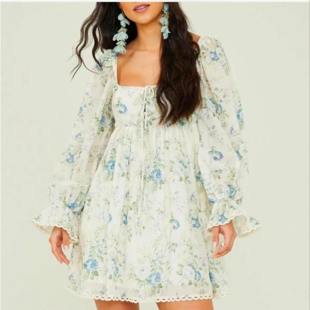 Altar'd State Fern Floral Mini Dress Ivory Blue Babydoll Puff Sleeve Cottagecore - Picture 14 of 14